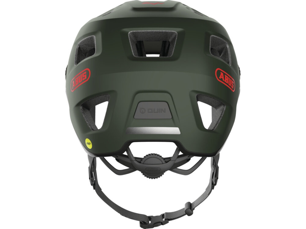 Kask rowerowy ABUS Modrop Pine Zielony (rozmiar M, 54-58 cm) MIPS kask na białym tle widoczny od tyłu wgłębienie w systemie regulacji wysokości miejsce na warkocz, koński ogon lub kok Półpierścień egulacja obwodu możliwość zmiany ułożenia włosów pod kaskiem