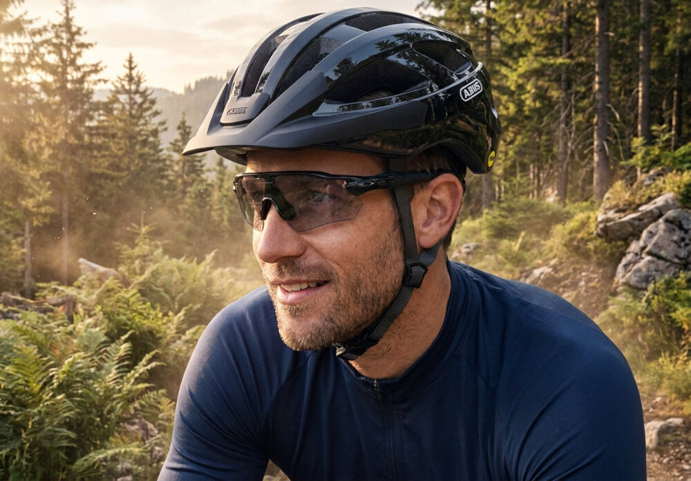 Kask rowerowy ABUS Macator Shiny Czarny Szosowy rozmiar L, 58-62 cm osoba w kasku patrzy przed siebie w tle góry szlak bezpieczeństwo uniwersalna ochrona głowy