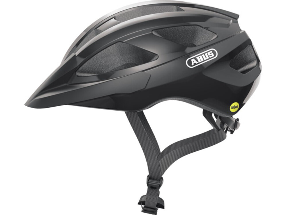Kask rowerowy ABUS Macator Shiny Czarny Szosowy rozmiar L, 58-62 cm kask na białym tle widoczny z boku dla dorosłych i nastolatków system Zoom Spin obrotowe pokrętło umieszczone z tyłu głowy Flap Divider ustawienie pasków poniżej uszu zapięcie zatrzaskowe zakres 58–62 cm rozmiar L