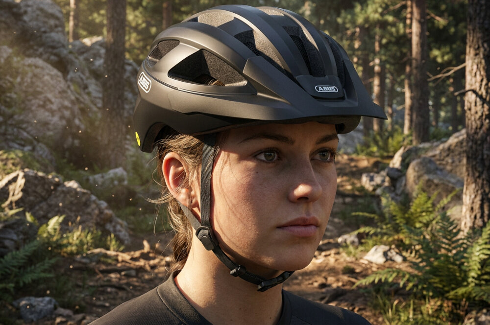 Kask rowerowy ABUS Macator Shiny Czarny Szosowy rozmiar L, 58-62 cm osoba w kasku jedzie na rowerze po szosie w tle górski krajobraz technologia In-Mold łączy zewnętrzną powłokę z poliwęglanu z wewnętrznym materiałem amortyzującym EPS trwałe połączenie elementów konstrukcji wagaokoło 310 g ochrona głowy