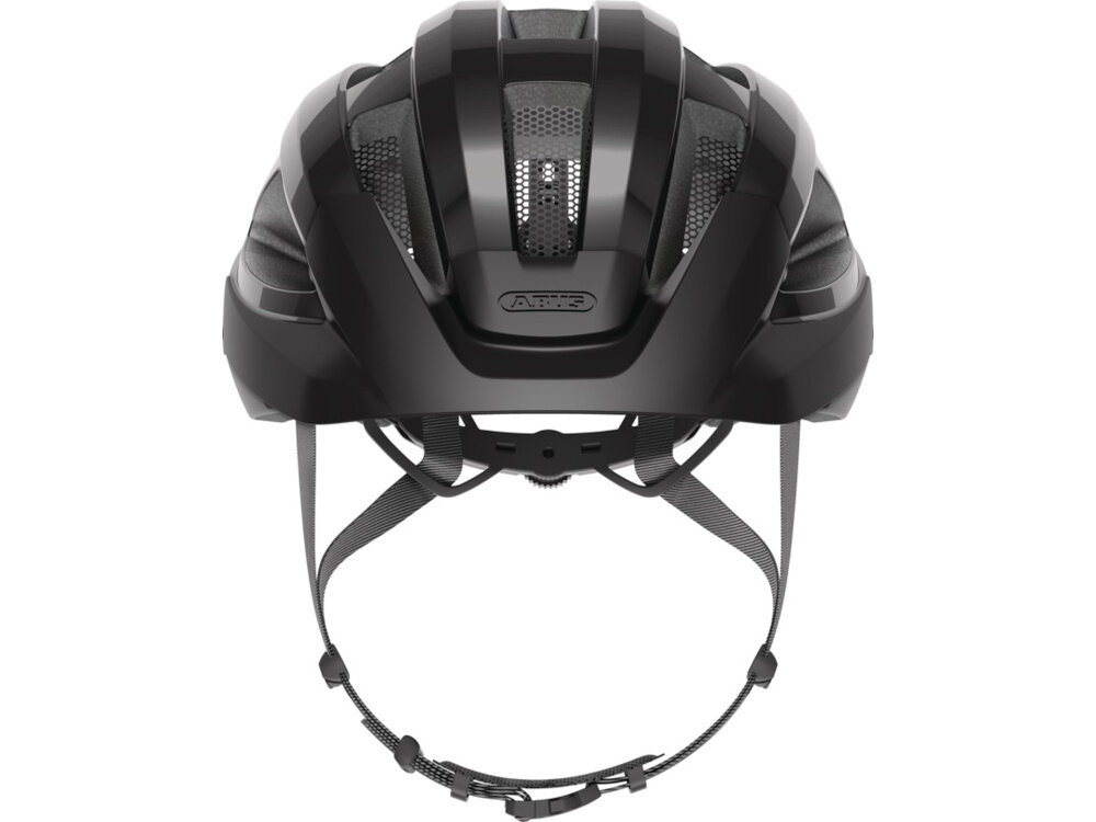 Kask rowerowy ABUS Macator Shiny Czarny Szosowy rozmiar L, 58-62 cm kask na białym tle widoczny od przodu miękkie poduszki wyściełają wnętrze kasku ograniczenie dyskomfortu wkładki są mocowane na rzepy można je wyjąć wyprać ręcznie lub wymienić zdejmowana wyściółka ułatwia utrzymanie wnętrza w czystości