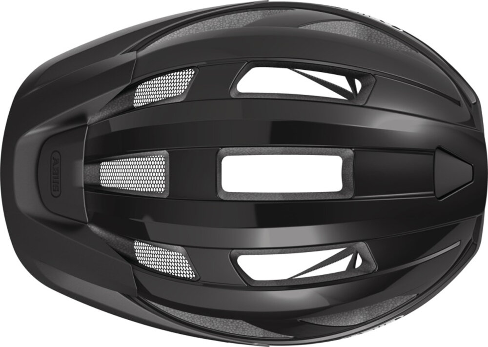 Kask rowerowy ABUS Macator Shiny Czarny Szosowy rozmiar L, 58-62 cm kask na białym tle widoczny z góry otwory wentylacyjne wspierają przepływ powietrza wokół głowy wentylacja pomaga ograniczyć uczucie nagromadzonego ciepła siatka przeciw owadom