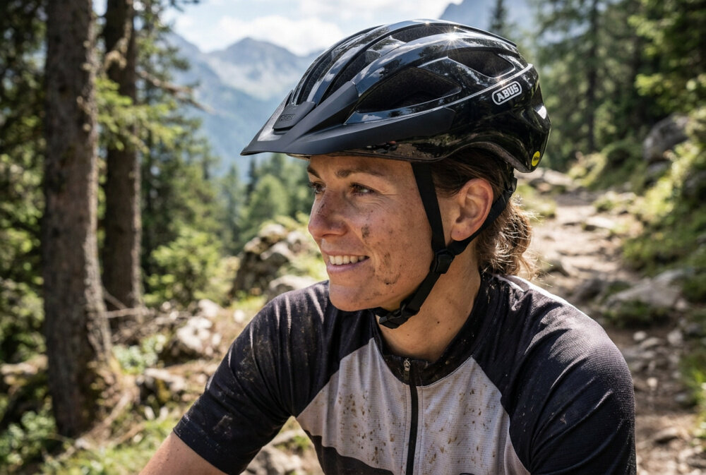 Kask rowerowy ABUS Macator Shiny Czarny Szosowy rozmiar L, 58-62 cm osoba w kasku jedzie na rowerze po szosie odczepiany daszek przeciwsłoneczny mocowany na klips łatwo zdjąć daszek stanowi praktyczne uzupełnienie wyposażenia