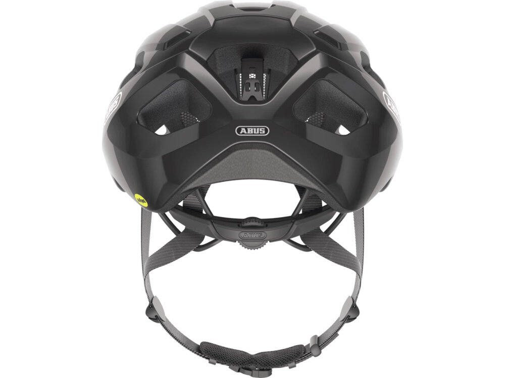 Kask rowerowy ABUS Macator Shiny Czarny Szosowy rozmiar L, 58-62 cm kask na białym tle widoczny od tyłu klasyczne zapięcie zatrzaskowe pełen pierścień na głowę współpracuje z systemem regulacji szerokość pasków wynosi 23 mm specjalne wgłębienie w systemie regulacji