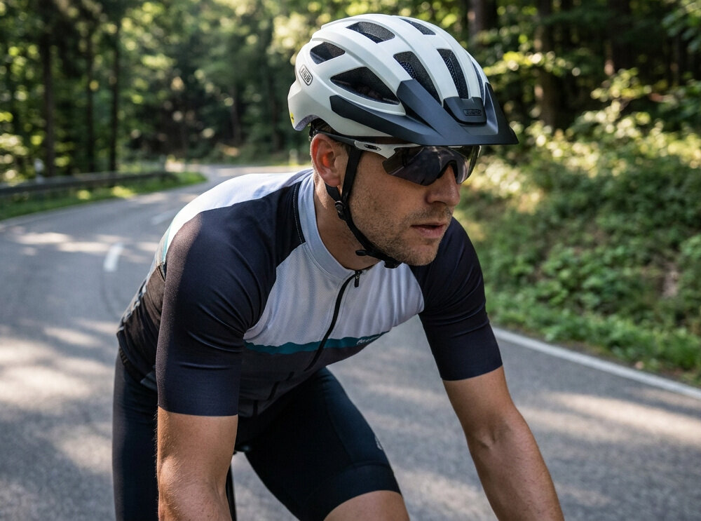 Kask rowerowy ABUS Macator Mips Pearl Biały Szosowy rozmiar M, 58-62 cm osoba w kasku jedzie na rowerze po szosie w tle las warstwa Mips pomiędzy wyściółką a pochłaniającą energię skorupą kasku przeciwdziałanie siłom obrotowym dodatkowa warstwa ochronna