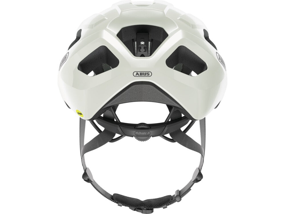 Kask rowerowy ABUS Macator Mips Pearl Biały Szosowy rozmiar M, 58-62 cm kask na białym tle widoczny od tyłu klasyczne zapięcie zatrzaskowe pełen pierścień na głowę współpracuje z systemem regulacji szerokość pasków wynosi 23 mm specjalne wgłębienie w systemie regulacji