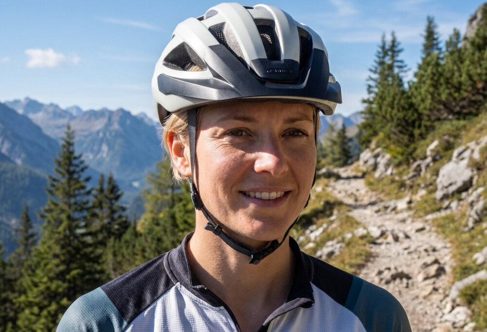 Kask rowerowy ABUS Macator Mips Pearl Biały Szosowy rozmiar L, 58-62 cm osoba w kasku patrzy przed siebie w tle góry szlak bezpieczeństwo uniwersalna ochrona głowy