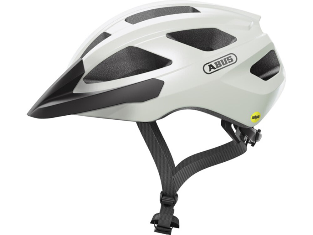 Kask rowerowy ABUS Macator Mips Pearl Biały Szosowy rozmiar L, 58-62 cm kask na białym tle widoczny z boku dla dorosłych i nastolatków system Zoom Spin obrotowe pokrętło umieszczone z tyłu głowy Flap Divider ustawienie pasków poniżej uszu zapięcie zatrzaskowe zakres 58–62 cm rozmiar L