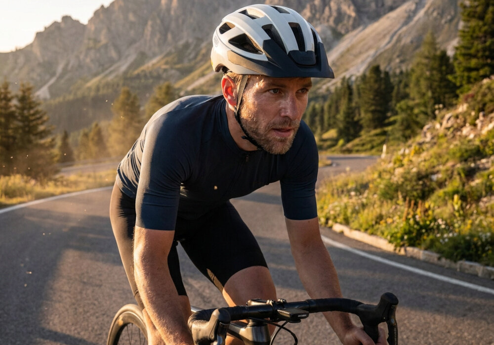 Kask rowerowy ABUS Macator Mips Pearl Biały Szosowy rozmiar L, 58-62 cm osoba w kasku jedzie na rowerze po szosie w tle górski krajobraz technologia In-Mold łączy zewnętrzną powłokę z poliwęglanu z wewnętrznym materiałem amortyzującym EPS trwałe połączenie elementów konstrukcji wagaokoło 310 g ochrona głowy
