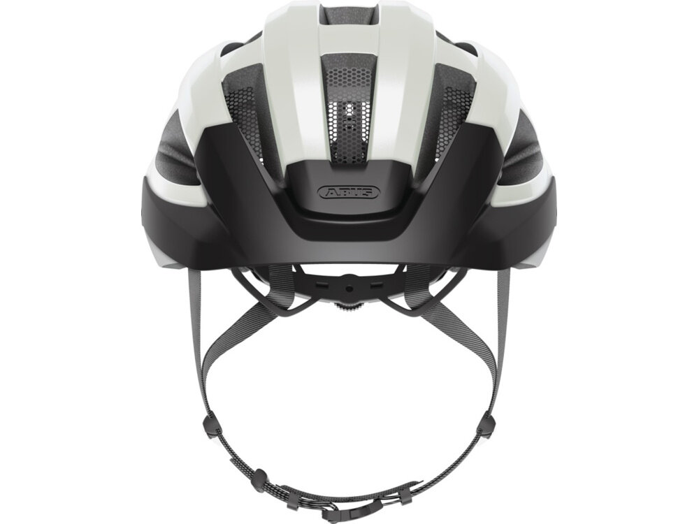 Kask rowerowy ABUS Macator Mips Pearl Biały Szosowy rozmiar L, 58-62 cm kask na białym tle widoczny od przodu miękkie poduszki wyściełają wnętrze kasku ograniczenie dyskomfortu wkładki są mocowane na rzepy można je wyjąć wyprać ręcznie lub wymienić zdejmowana wyściółka ułatwia utrzymanie wnętrza w czystości