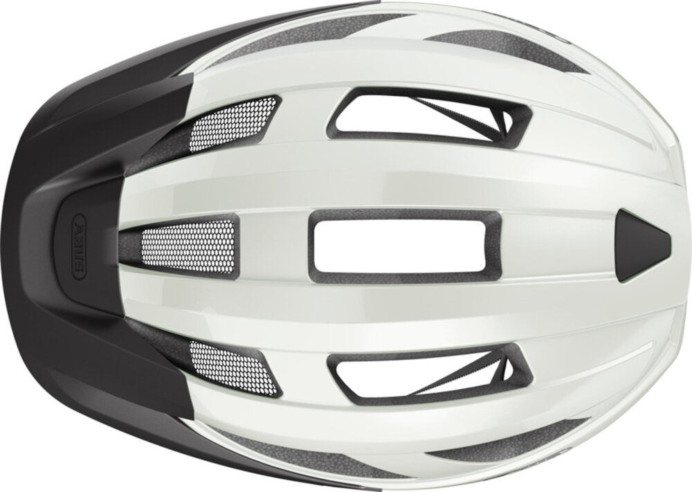 Kask rowerowy ABUS Macator Mips Pearl Biały Szosowy rozmiar L, 58-62 cm kask na białym tle widoczny z góry otwory wentylacyjne wspierają przepływ powietrza wokół głowy wentylacja pomaga ograniczyć uczucie nagromadzonego ciepła siatka przeciw owadom