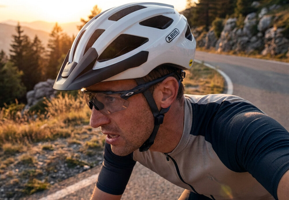 Kask rowerowy ABUS Macator Mips Pearl Biały Szosowy rozmiar L, 58-62 cm osoba w kasku jedzie na rowerze po szosie odczepiany daszek przeciwsłoneczny mocowany na klips łatwo zdjąć daszek stanowi praktyczne uzupełnienie wyposażenia