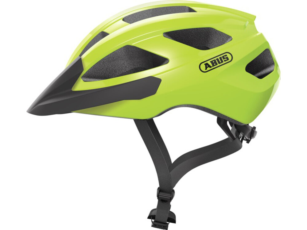 Kask rowerowy ABUS Macator Signal Żółty Szosowy rozmiar M, 58-62 cm kask na białym tle widoczny z boku dla dorosłych i nastolatków system Zoom Spin obrotowe pokrętło umieszczone z tyłu głowy Flap Divider ustawienie pasków poniżej uszu zapięcie zatrzaskowe zakres 52–58 cm rozmiar M