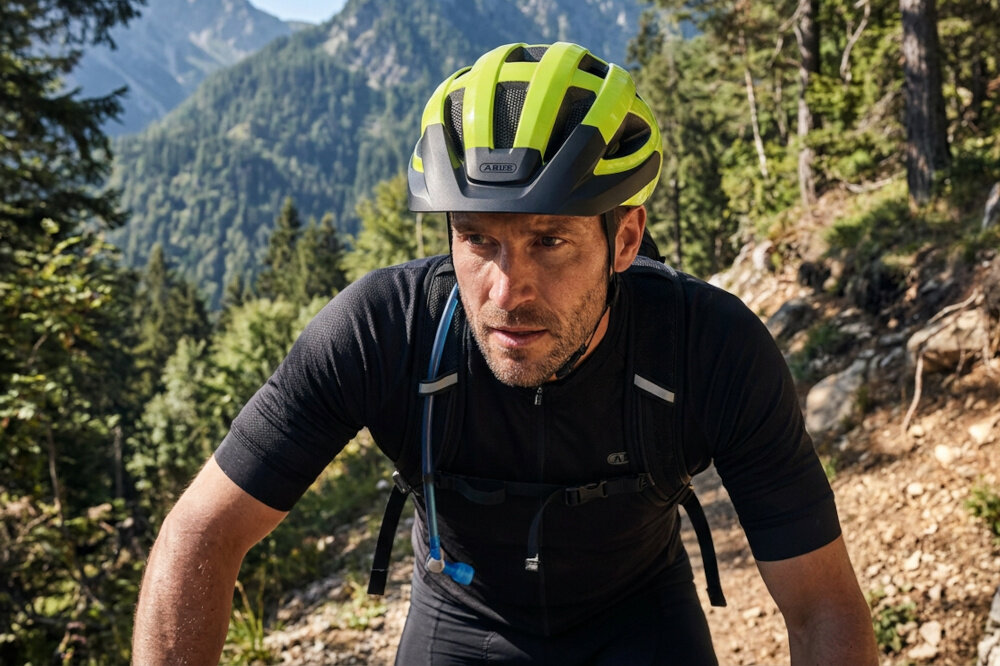 Kask rowerowy ABUS Macator Signal Żółty Szosowy rozmiar M, 58-62 cm osoba w kasku jedzie na rowerze po szosie w tle las warstwa Mips pomiędzy wyściółką a pochłaniającą energię skorupą kasku przeciwdziałanie siłom obrotowym dodatkowa warstwa ochronna