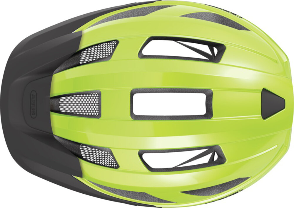 Kask rowerowy ABUS Macator Signal Żółty Szosowy rozmiar M, 58-62 cm kask na białym tle widoczny z góry otwory wentylacyjne wspierają przepływ powietrza wokół głowy wentylacja pomaga ograniczyć uczucie nagromadzonego ciepła siatka przeciw owadom