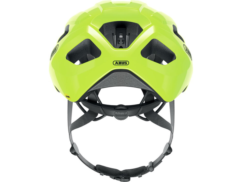 Kask rowerowy ABUS Macator Signal Żółty Szosowy rozmiar M, 58-62 cm kask na białym tle widoczny od tyłu klasyczne zapięcie zatrzaskowe pełen pierścień na głowę współpracuje z systemem regulacji szerokość pasków wynosi 23 mm specjalne wgłębienie w systemie regulacji