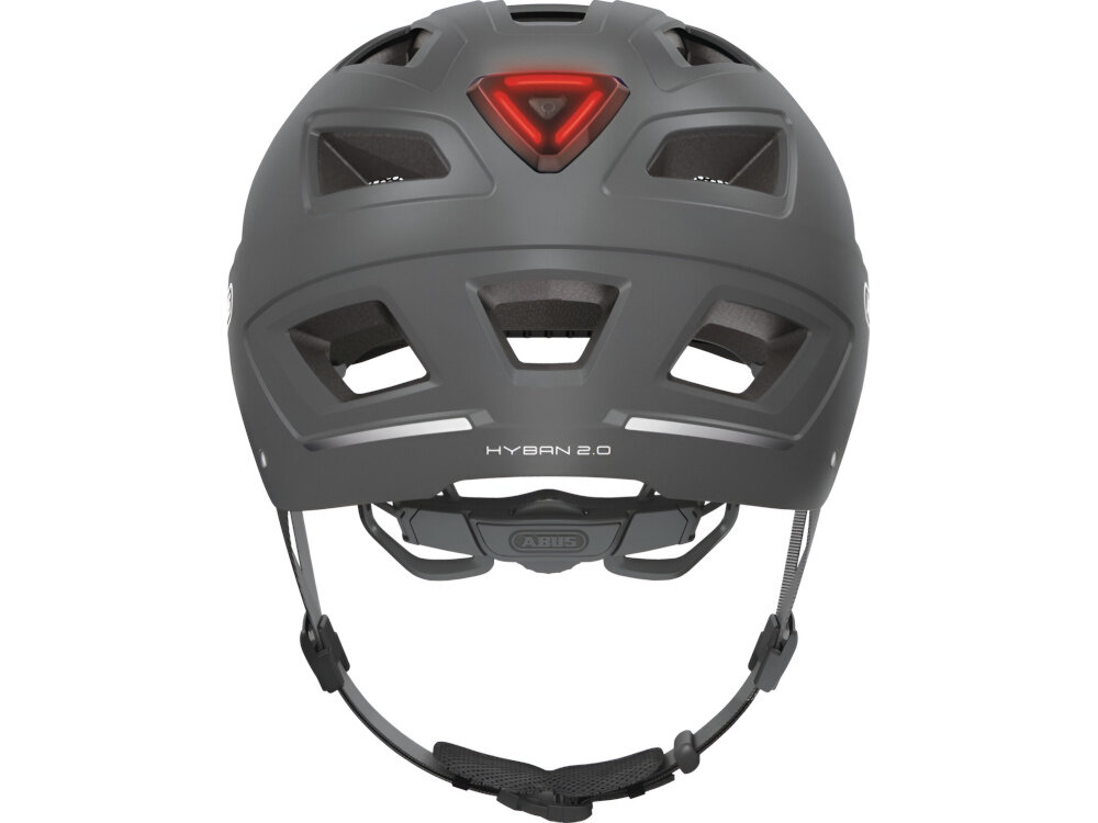 Kask rowerowy ABUS Hyban 2.0 Tytanowy Miejski rozmiar L kask na białym tle widoczny od tyłu skuteczna ochrona głowy niezbędne wyposażenie każdego rowerzysty podnosi poziom bezpieczeństwa i komfortu