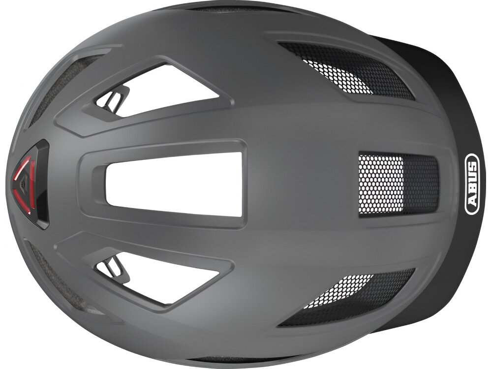 Kask rowerowy ABUS Hyban 2.0 Tytanowy Miejski rozmiar L kask na białym tle widoczny z góry 5 wlotów i 8 wylotów powietrza efektywna cyrkulacja powietrza wokół głowy zapobiega przegrzewaniu waga 460 g