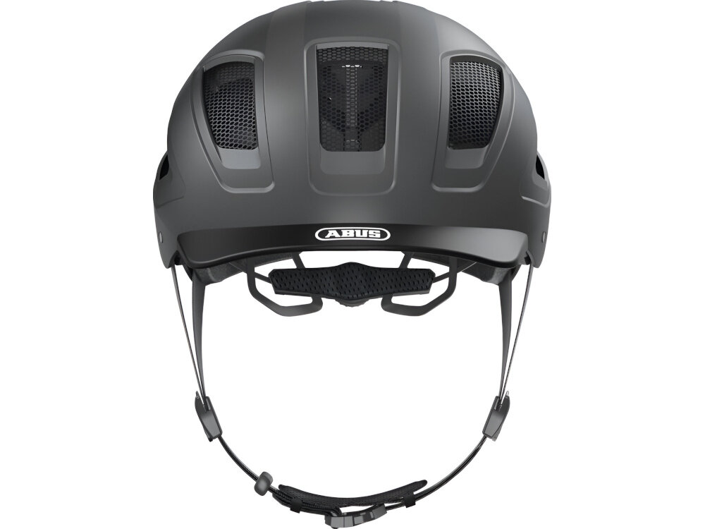 Kask rowerowy ABUS Hyban 2.0 Tytanowy Miejski rozmiar L kask na białym tle widoczny od przodu spełnia europejską normę CE EN 1078 zgodność z wymogami dotyczącymi bezpieczeństwa kasków rowerowych realnie zwiększa ochronę i komfort codziennej jazdy na rowerze