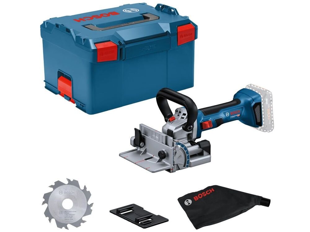 Frezarka BOSCH Professional GFF 18V-22 0601620101, zestaw, frezarka, walizka, instrukcja, Zestaw zawierający lamelownicę Bosch, walizkę L-BOXX, tarczę i akcesoria