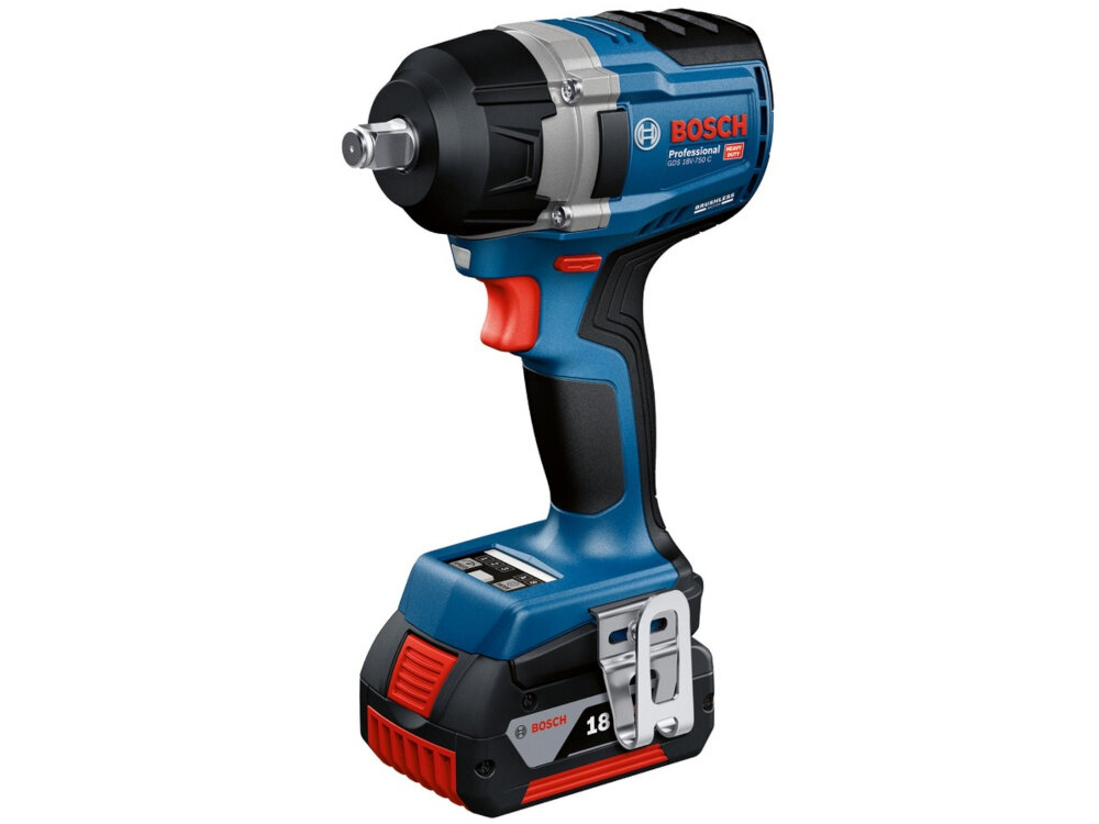 Klucz udarowy BOSCH GDS 18V-750 klucz na białym tle widoczny od przodu pod skosem regulacja prędkości obrotowej na spuście (od 0 do 2400 obr/min) obroty prawo/lewo obroty w prawo umożliwiają wkręcenie śruby lub dokręcenie nakrętki obroty w lewo odpowiadają za odkręcenie nakrętki lub wykręcenie śruby