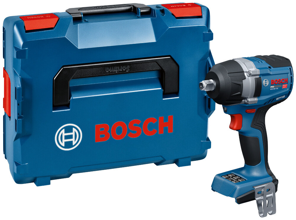 Klucz udarowy BOSCH GDS 18V-750 C 06019L9003 klucz i walizka na białym tle wysokiej klasy elektronarzędzie walizka transportowa zabezpieczy sprzęt z niezwykle twardego i wytrzymałego tworzywa sztucznego wysoka odporność na uderzenia