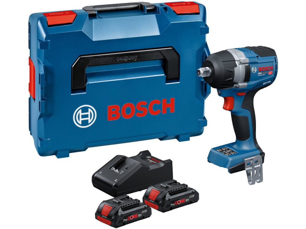 Klucz udarowy BOSCH GDS 18V-750 C 06019L9003 zestaw na białym tle w zestawie klucz dwa akumulatory ładowarka walizka moduł łączności Bluetooth® Low Energy zaczep do paska dokumentacja