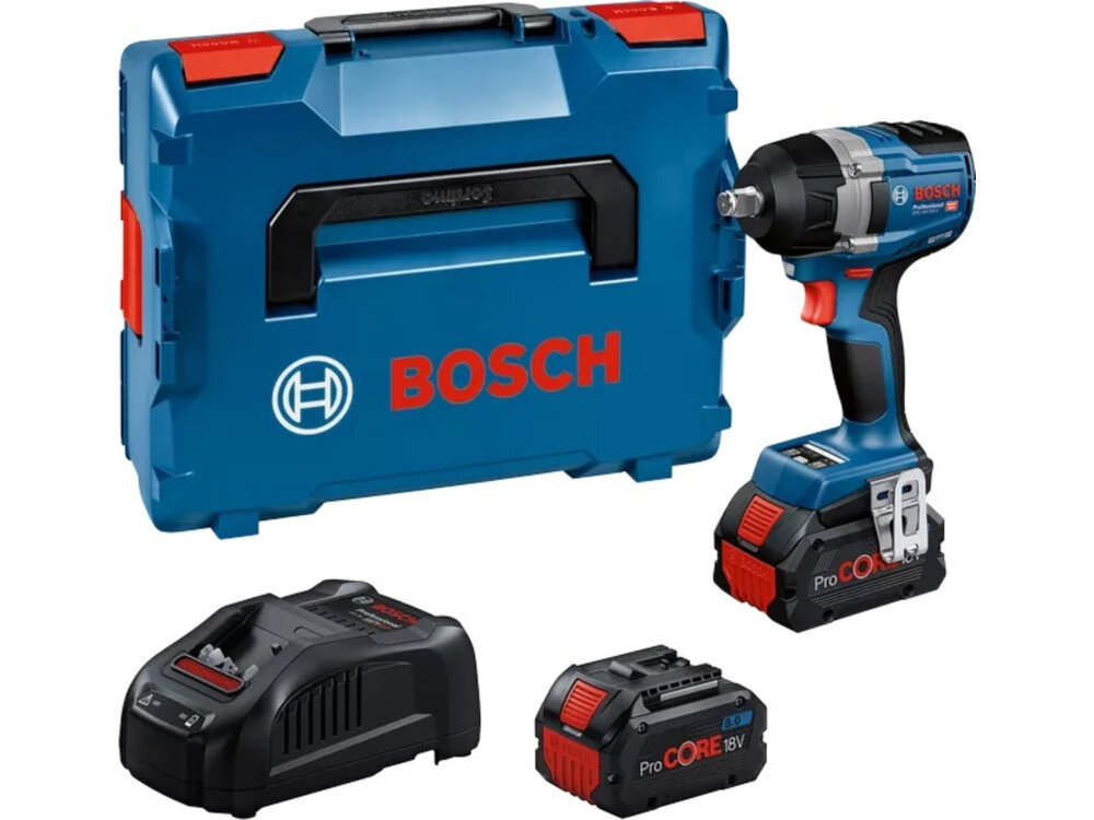 Klucz udarowy BOSCH GDS 18V-750 C 06019L9002 zestaw na białym tle w zestawie klucz dwa akumulatory ładowarka walizka moduł łączności Bluetooth® Low Energy zaczep do paska dokumentacja