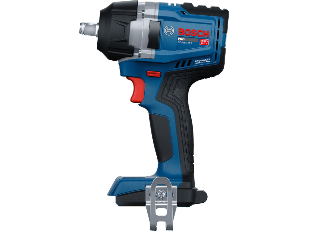 Klucz udarowy BOSCH GDS 18V-750 C 06019L9002 klucz na białym tle widoczny z boku funkcja Secure Socket Release zapobiega zaklinowaniu klucza nasadowego na śrubie lub nakrętce aplikacji BOSCH PRO360 kontrolowane zwalnianie nasadki ogranicza przestoje i ryzyko uszkodzeń osprzętu moduł łączności Bluetooth® Low Energy