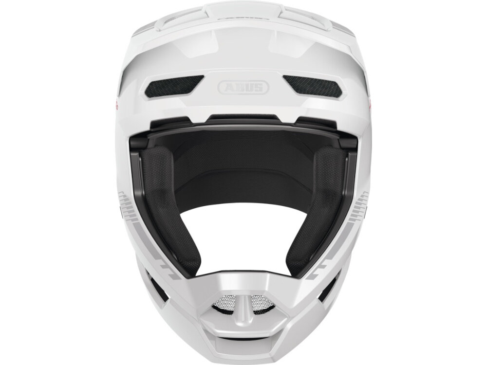 Kask rowerowy ABUS HiDrop Midnight Shiny Biały MTB (rozmiar XL) kask na białym tle widoczny od przodu w rozmiarze L kask rowerowy MTB dla dorosłych waga 1040 g twarda skorupa konstrukcja fullface odczepiany daszek uchwyt na gogle siatka przeciw owadom rozbudowana wyściółkę zdejmowane i nadające się do prania elementy zapięcie Double-D