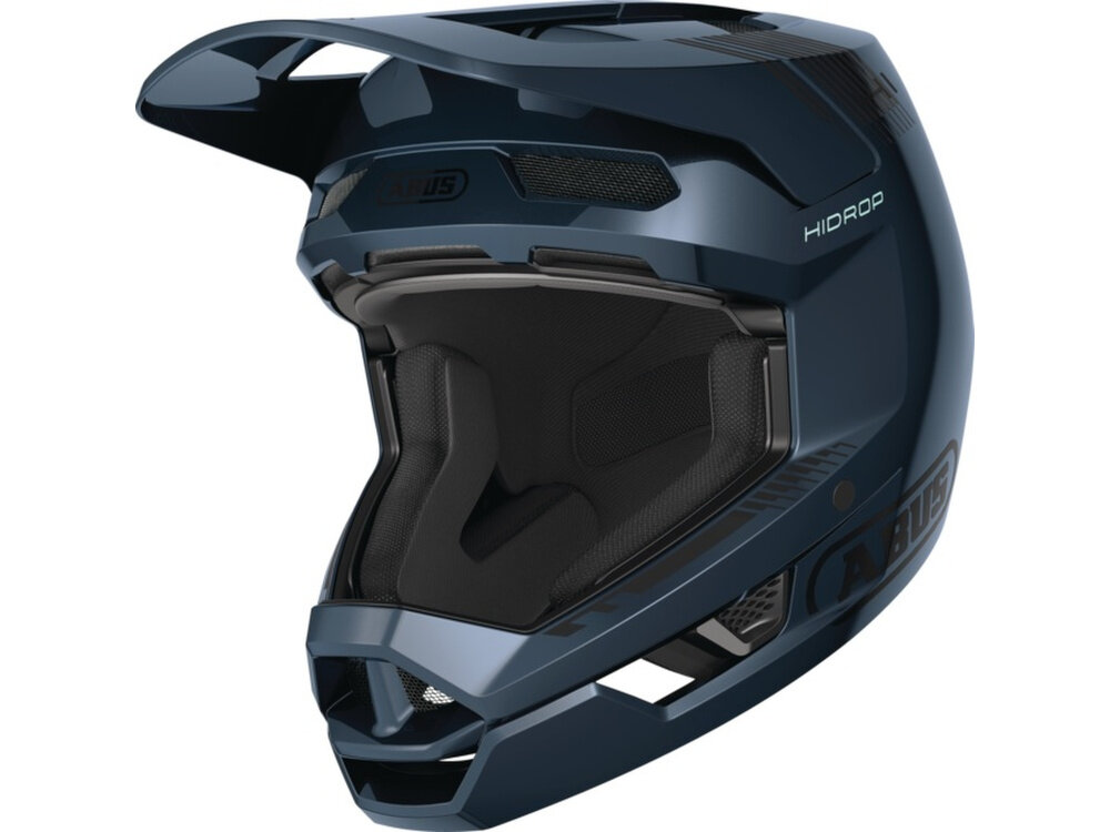 Kask rowerowy ABUS HiDrop Midnight Czarno-niebieski MTB (rozmiar M) kask na białym tle widoczny od przodu pod skosem wewnętrzna wyściółka obejmuje głowę ochronę wygodne i bezpieczne dopasowanie kasku antybakteryjna wyściółka policzkowa jest mocowana za pomocą zatrzasków komfort kontaktu z twarzą ogranicza ilość bakterii kask w odpowiednim położeniu