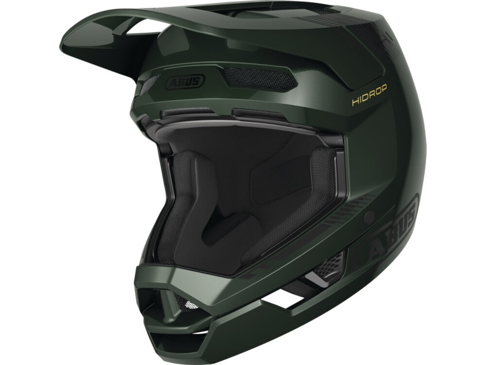 Kask rowerowy ABUS HiDrop Moss Zielony MTB (rozmiar M) kask na białym tle widoczny od przodu pod skosem bezpieczeństwo komfort fullface