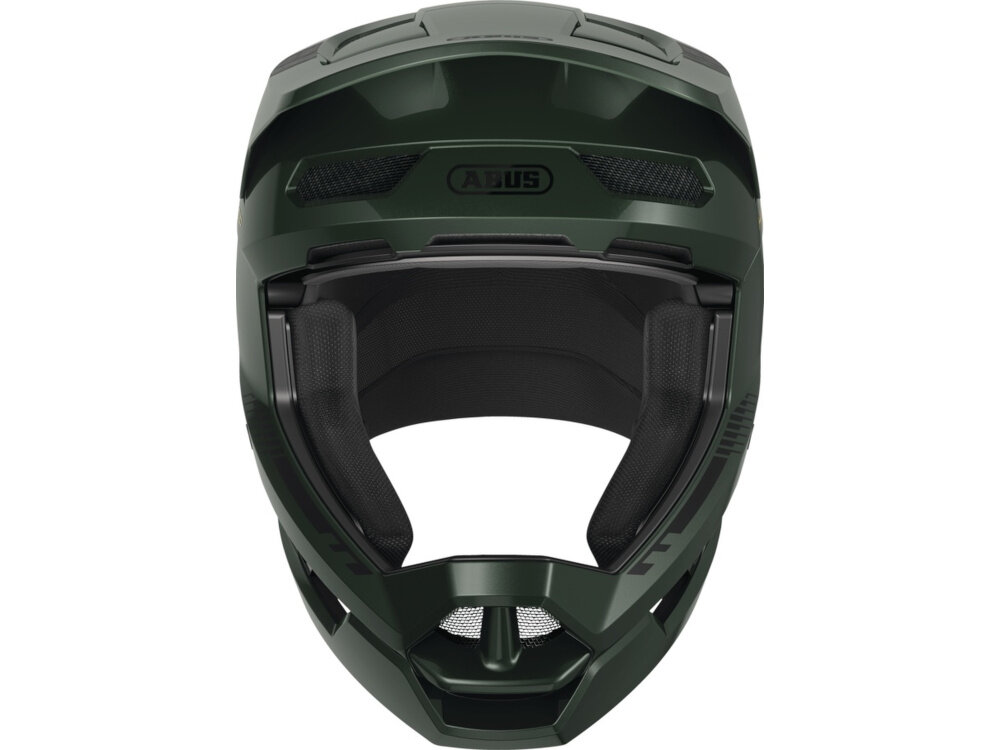 Kask rowerowy ABUS HiDrop Moss Zielony MTB (rozmiar M) kask na białym tle widoczny od przodu w rozmiarze M kask rowerowy MTB dla dorosłych waga 1070 g twarda skorupa konstrukcja fullface odczepiany daszek uchwyt na gogle siatka przeciw owadom rozbudowana wyściółkę zdejmowane i nadające się do prania elementy zapięcie Double-D