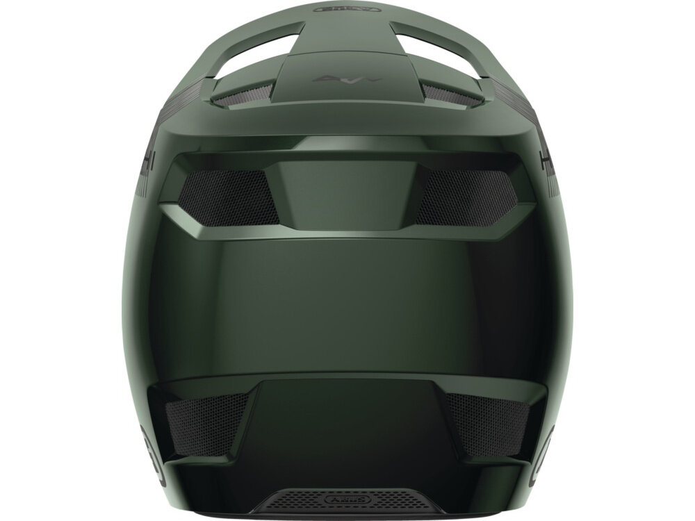 Kask rowerowy ABUS HiDrop Moss Zielony MTB (rozmiar M) kask na białym tle widoczny od tyłu twarda skorupa zewnętrzna, z formowanej wtryskowo powłoki z twardego tworzywa sztucznego ABS sztywna pianka pochłaniająca wstrząsy EPS i EPP ochrona głowy normy EN1078, ASTM F1952, ASTM F2032, CPSC, AS/NZ