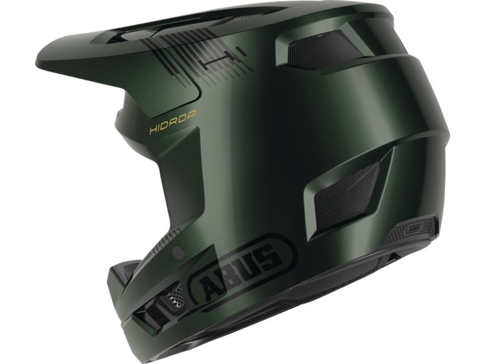 Kask rowerowy ABUS HiDrop Moss Zielony MTB (rozmiar M) kask na białym tle widoczny od tyłu pod skosem zapięcie Double-D szerokie paski prowadzone przez dwa pierścienie w kształcie litery D bezstopniowa, bardzo precyzyjna regulacja mocowania pod brodą rozmiar M obwód głowy 57–58 cm