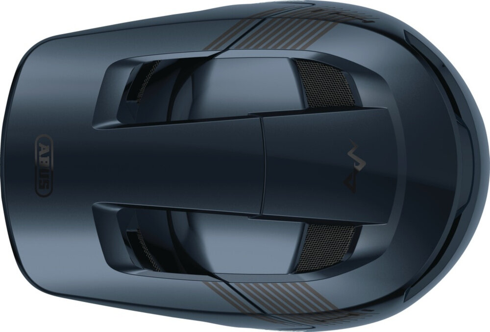 Kask rowerowy ABUS HiDrop Midnight Czarno-niebieski MTB (rozmiar XL) kask na białym tle widoczny z góry siatka przeciw owadom ochrona przed muchami i innymi drobnymi owadami nie blokuje wentylacji kasku ochrona przed owadami bez rezygnowania z przewiewności