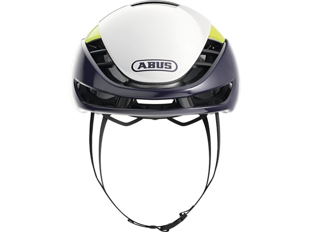 Kask rowerowy w kolorze czarno-białym z widocznym logo \'ABUS\' na przodzie. Posiada otwory wentylacyjne i regulowany pasek pod brodą.