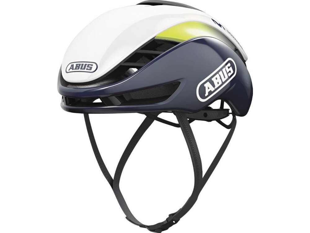 Kask rowerowy w kolorze czarno-białym z widocznym logo \'ABUS\'.