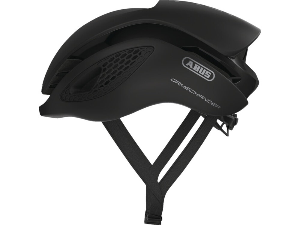 Kask rowerowy ABUS Gamechanger Velvet Czarny Szosowy rozmiar L, 59-62 cm kask na białym tle widoczny z boku kask rowerowy szosowy aerodynamiczny kształt z szerszą tylną częścią odpowiednia pozycja efektywne wykorzystanie energii normy CE EN 1078
