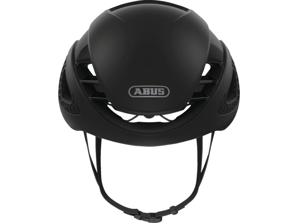 Kask rowerowy ABUS Gamechanger Velvet Czarny Szosowy rozmiar L, 59-62 cm kask na białym tle widoczny od przodu system chłodzenia przepływu powietrza połączone kanałami otwory wentylacyjne rozprowadzają napływające powietrze po wnętrzu kasku stała cyrkulacja większy komfort podczas użytkowania