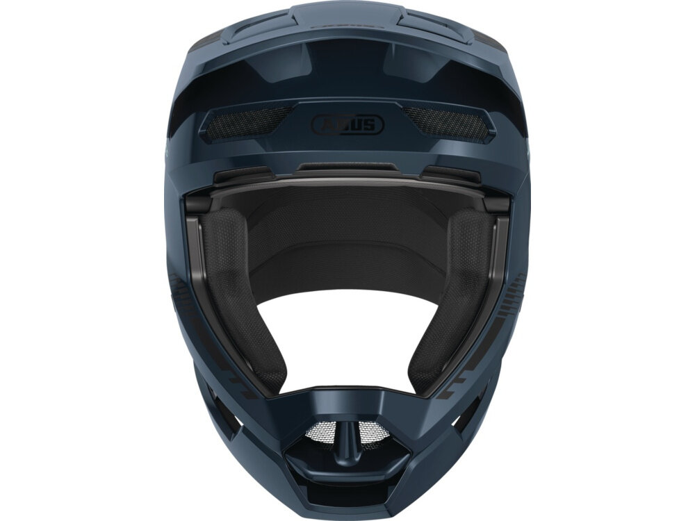 Kask rowerowy ABUS HiDrop Midnight Czarno-niebieski MTB (rozmiar L) kask na białym tle widoczny od przodu w rozmiarze L kask rowerowy MTB dla dorosłych waga 1050 g twarda skorupa konstrukcja fullface odczepiany daszek uchwyt na gogle siatka przeciw owadom rozbudowana wyściółkę zdejmowane i nadające się do prania elementy zapięcie Double-D