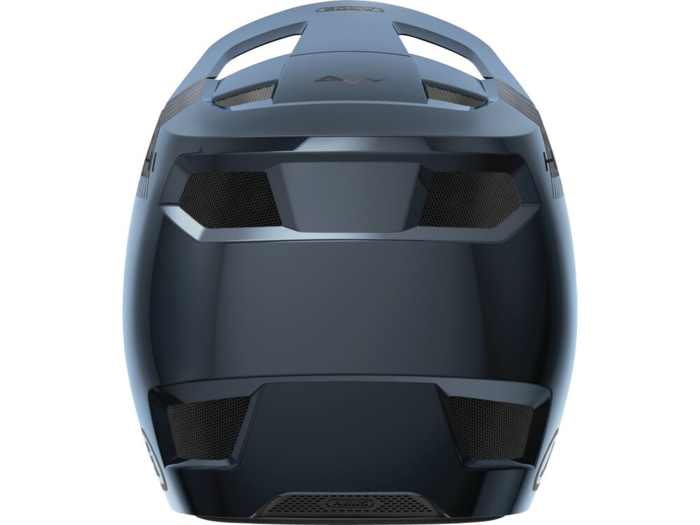 Kask rowerowy ABUS HiDrop Midnight Czarno-niebieski MTB (rozmiar L) kask na białym tle widoczny od tyłu twarda skorupa zewnętrzna, z formowanej wtryskowo powłoki z twardego tworzywa sztucznego ABS sztywna pianka pochłaniająca wstrząsy EPS i EPP ochrona głowy normy EN1078, ASTM F1952, ASTM F2032, CPSC, AS/NZ
