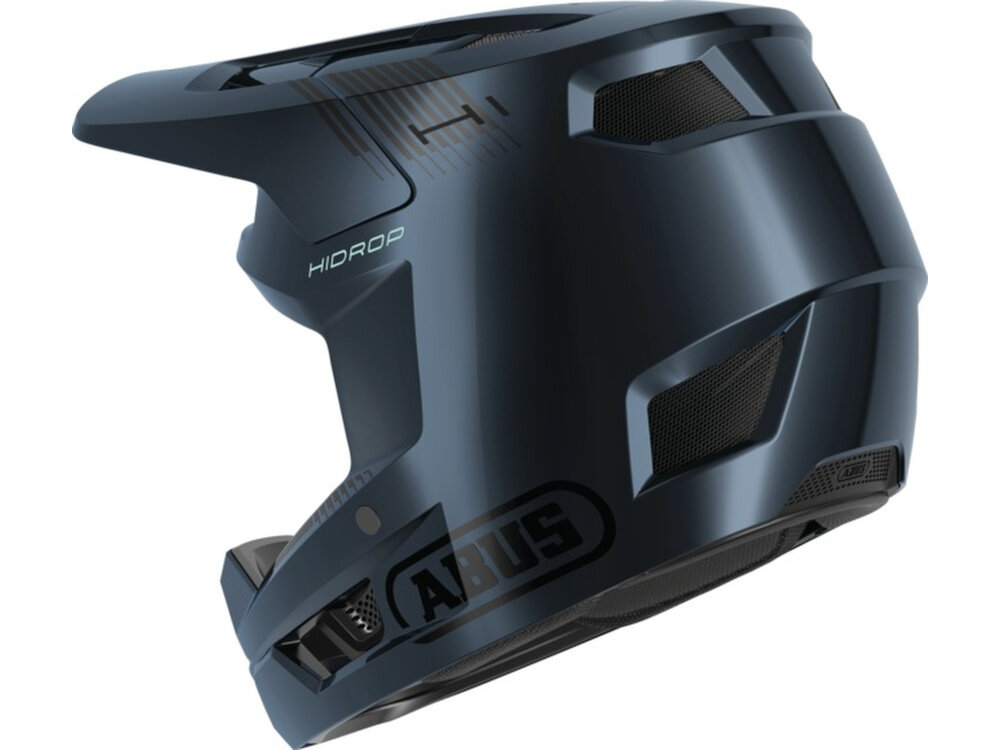 Kask rowerowy ABUS HiDrop Midnight Czarno-niebieski MTB (rozmiar L) kask na białym tle widoczny od tyłu pod skosem zapięcie Double-D szerokie paski prowadzone przez dwa pierścienie w kształcie litery D bezstopniowa, bardzo precyzyjna regulacja mocowania pod brodą rozmiar L obwód głowy 59-60 cm