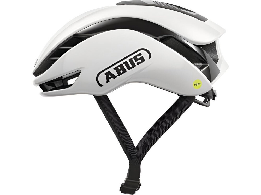 Kask rowerowy ABUS GameChanger 2.0 Shine Biały Szosowy rozmiar M, 57-61 cm MIPS kask na białym tle widoczny z boku system chłodzenia przepływu powietrza połączone kanałami otwory wentylacyjne wlot AirBoost 