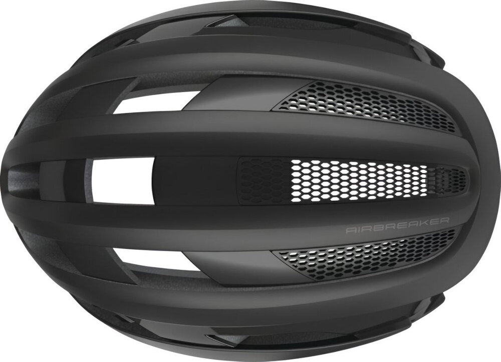Kask rowerowy ABUS AirBreaker Czarny Szosowy rozmiar S kask widoczny od góry białe tło zaawansowany system Forced Air Cooling 11 wlotów 13 wylotów powietrza regulują temperaturę pod skorupą kasku kanały wentylacyjne powietrze krąży równomiernie