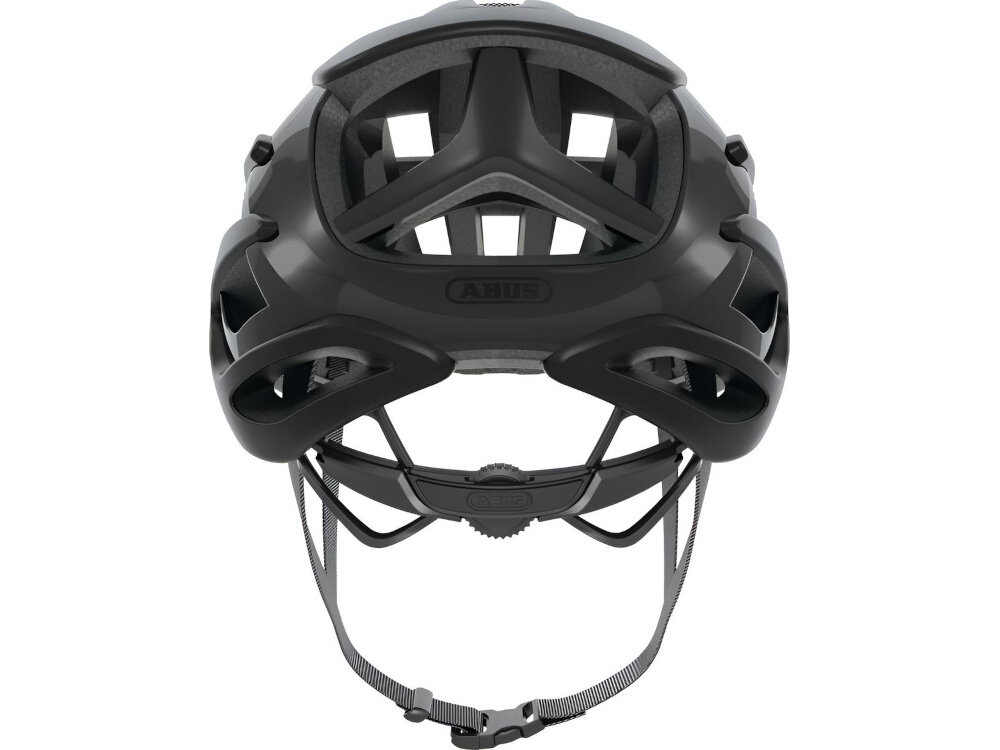 Kask rowerowy ABUS AirBreaker Czarny Szosowy rozmiar S kask na białym tle widoczny od tyłu technologia In-Mold trwała powłoka zewnętrzna warstwa wewnętrzna EPS skutecznie absorbuje energię uderzenia wysoka odporność na uszkodzenia waga 200 g chroni głowę bez obciążania karku