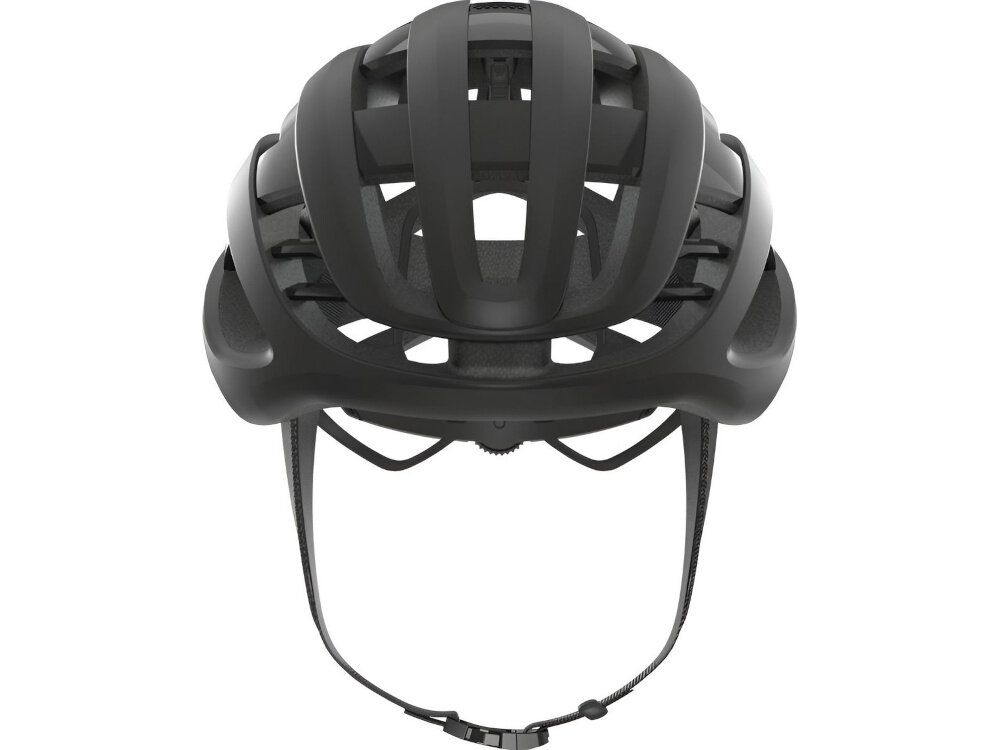 Kask rowerowy ABUS AirBreaker Czarny Szosowy rozmiar S kask na białym tle widoczny od przodu zaprojektowany z myślą o osobach z dłuższymi włosami odpowiedni kształt tylnej części wygodne założenie kasku bez konieczności zmiany fryzury