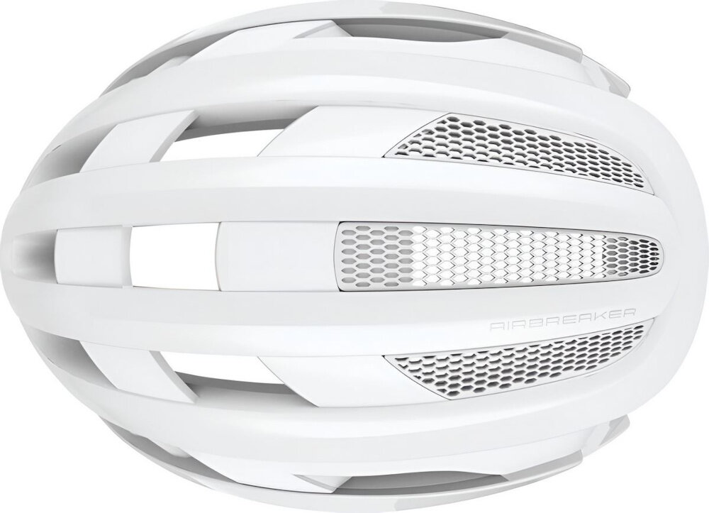 Kask rowerowy ABUS AirBreaker Biały Szosowy rozmiar M kask widoczny od góry białe tło zaawansowany system Forced Air Cooling 11 wlotów 13 wylotów powietrza regulują temperaturę pod skorupą kasku kanały wentylacyjne powietrze krąży równomiernie