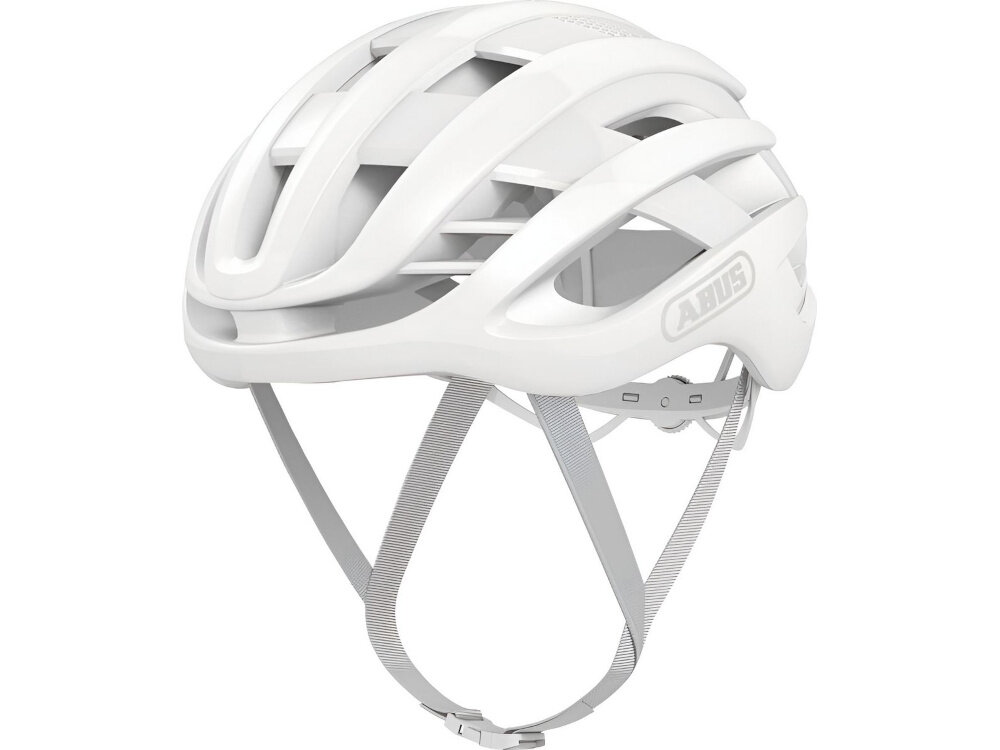 Kask rowerowy ABUS AirBreaker Biały Szosowy rozmiar M kask na białym tle widoczny od przodu pod skosem system FlowStraps paski przyjazne dla skóry nie podrażniają nie skręcają się podczas jazdy aerodynamiczny kształt tłumieniu drgań i stabilnemu zapinaniu