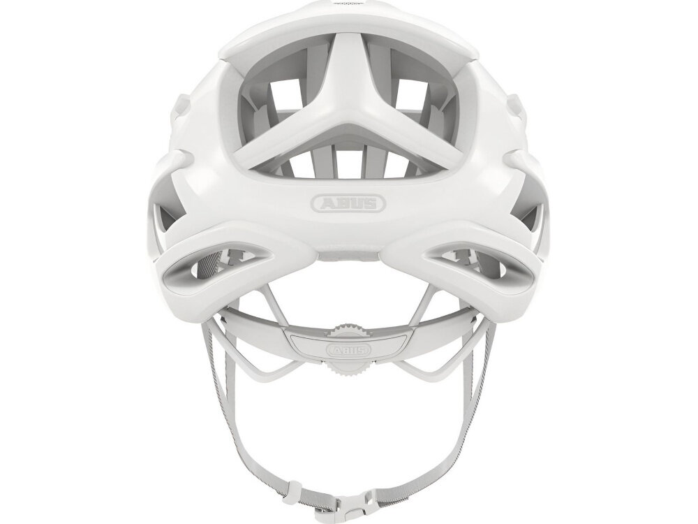 Kask rowerowy ABUS AirBreaker Biały Szosowy rozmiar S kask na białym tle widoczny od tyłu technologia In-Mold trwała powłoka zewnętrzna warstwa wewnętrzna EPS skutecznie absorbuje energię uderzenia wysoka odporność na uszkodzenia waga 200 g chroni głowę bez obciążania karku